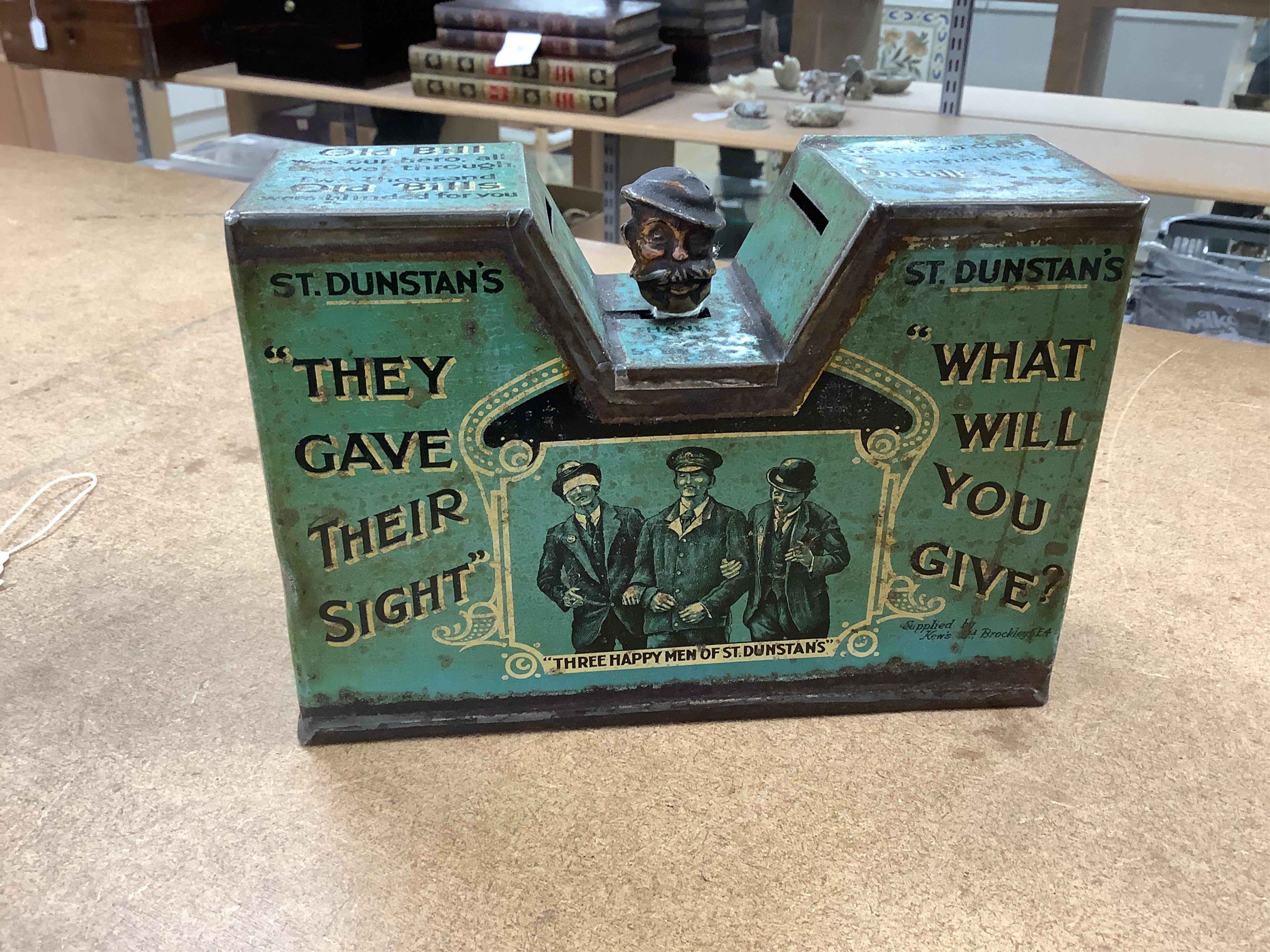 A quantity of various painted tin money boxes including Lucie Attwell Fairy House, The ‘Daily Mail’ copper bank, and four in the form of books, largest 20cm high. Condition - mostly fair